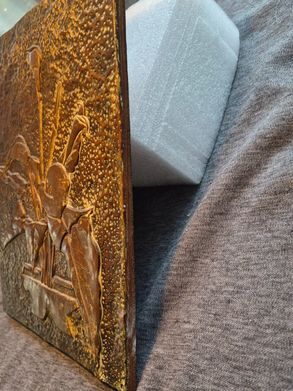 Antique HAND HAMMERED COPPER CALLA LILIES RELIEF PLAQUE SIGNED BY SCHMIDT 1930 - Picture 10 of 14